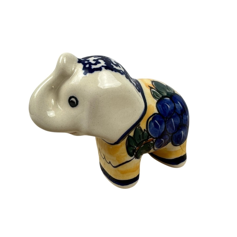 Polish Pottery Elephant Small Yellow Blue Grapes Hand Painted Ceramic